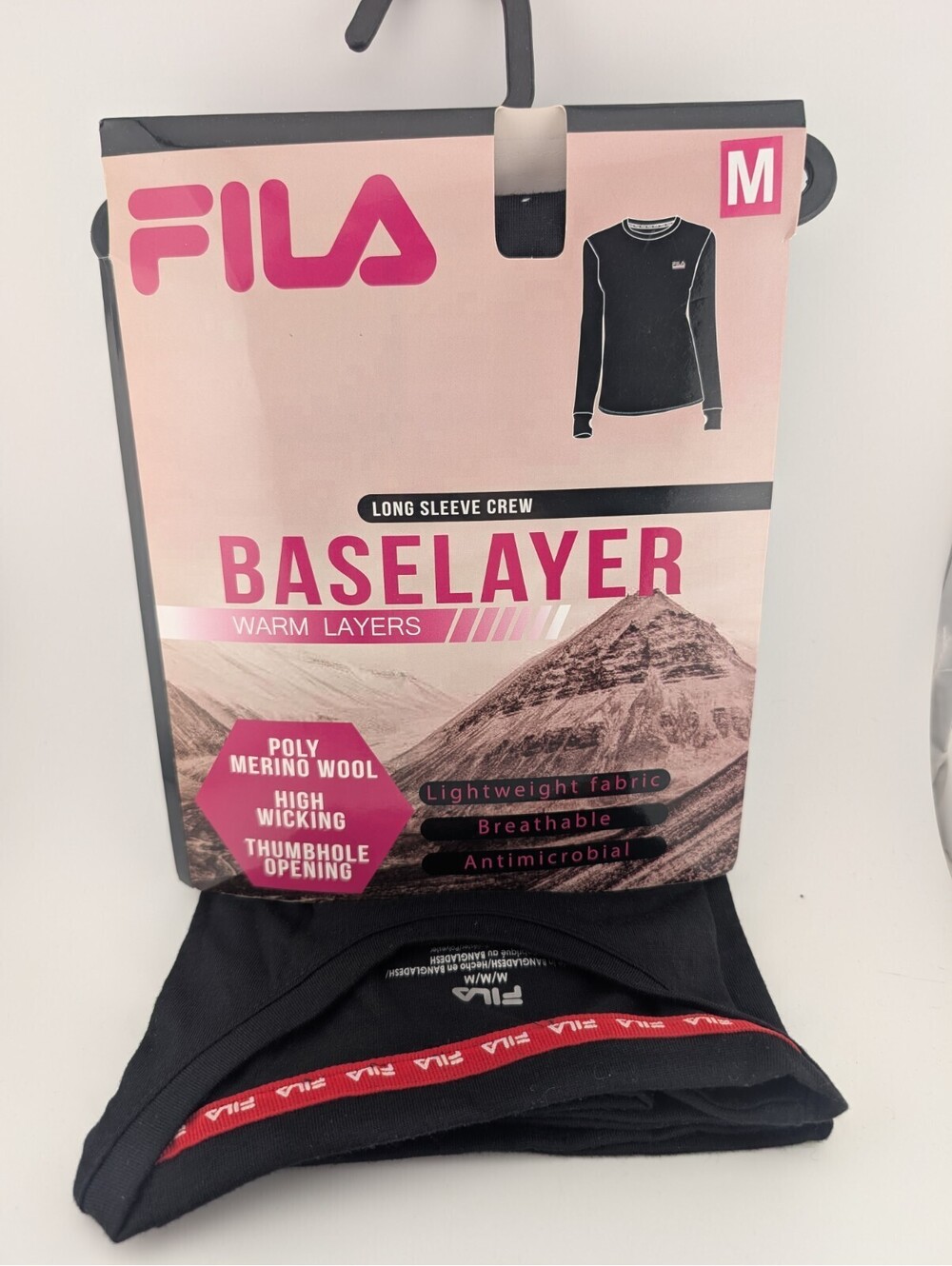 Fila Medium Base Layer Long Sleeve Crew Shirt Black Poly Merino Wool Wicking M